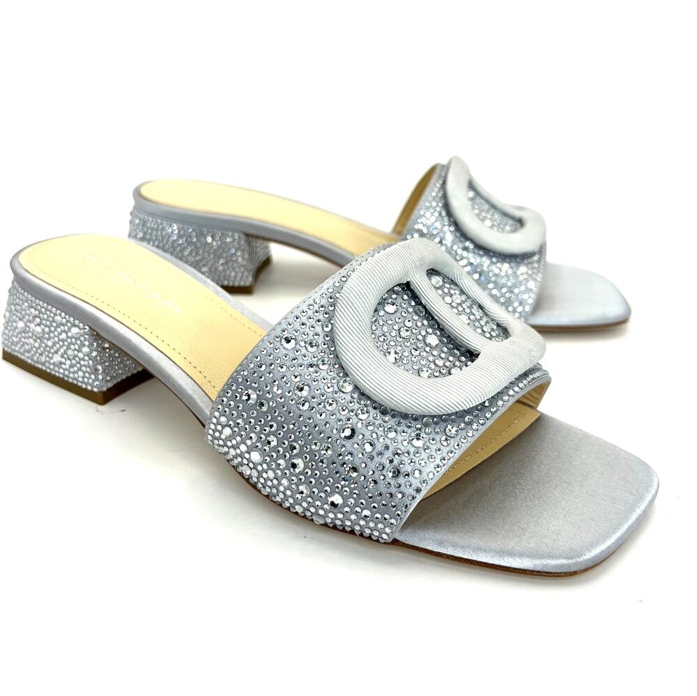 Dee Ocleppo Dizzy Li Rhinestone Sandal Mule Low Block Heel Silver 7.5 NEW Square